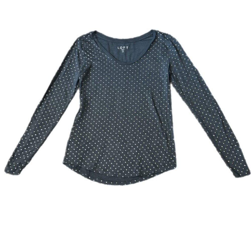 Loft Scoop Neck Gray with Gold Shimmer Polka Dot Top Size XS